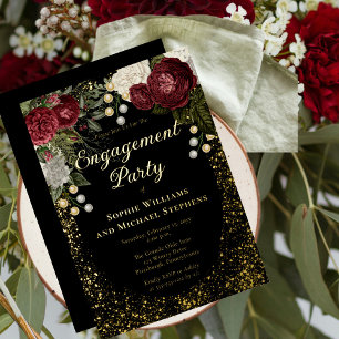 Glam Burgundy Rose Floral Engagement Party Foil Invitation