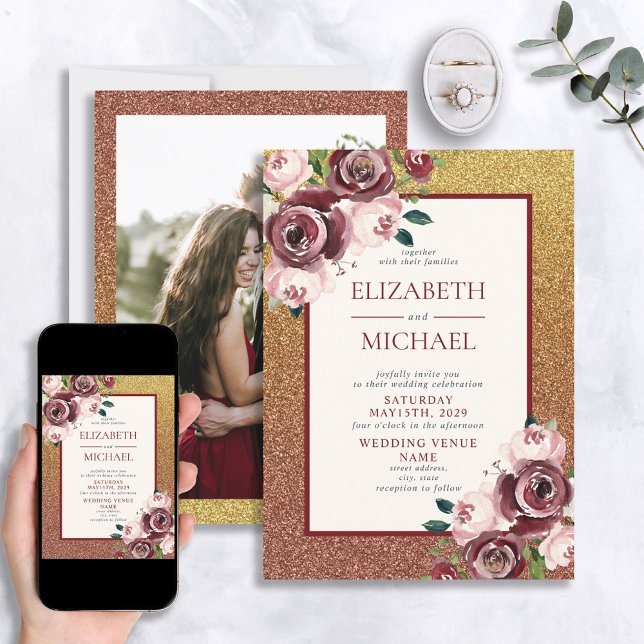 Glam Burgundy Rose Gold Floral Photo Wedding Invitation (Creator Uploaded)