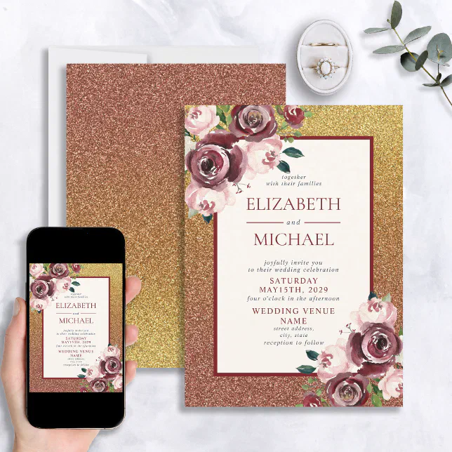 Glam Burgundy Rose Gold Glitter Floral Wedding Invitation Zazzle