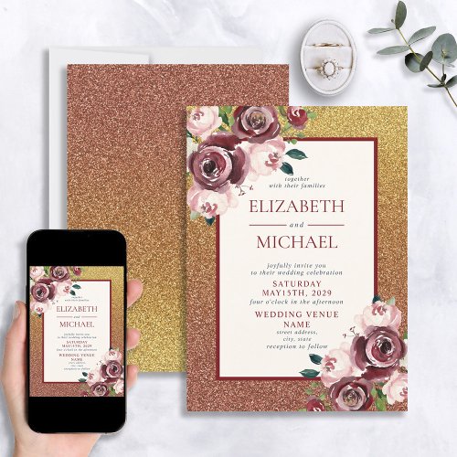 Glam Burgundy Rose Gold Glitter Floral Wedding Invitation