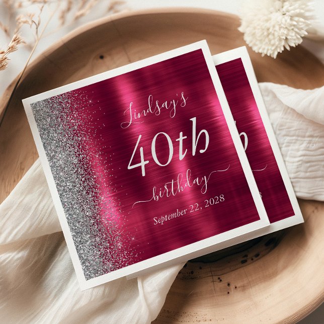 Glam Burgundy Silver Glitter 40th Birthday Party Napkins (Creator Uploaded)