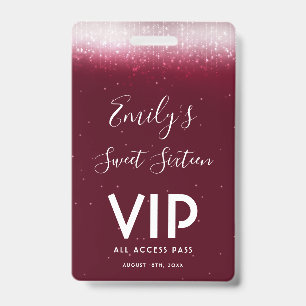 Glam Burgundy Sweet 16  Invitation VIP Pass Badge
