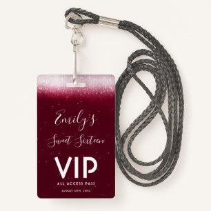 Glam Burgundy Sweet 16 Invitation VIP Pass Badge
