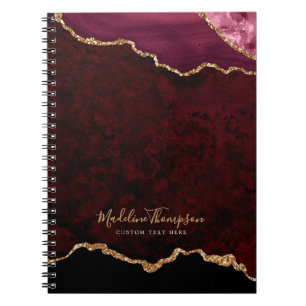 Glam Burgundy Velvet Agate Geode Gold Script Notebook