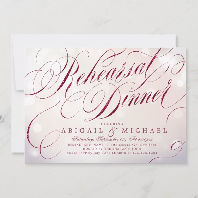 Glam burgundy vintage calligraphy rehearsal dinner invitation (Front)