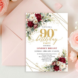 Glam Burgundy White Rose Gold 90th Birthday Invite