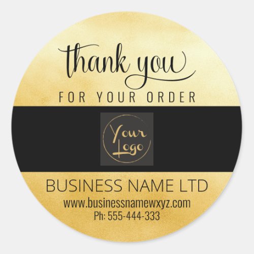 Glam Business Thank You Gold Black Add Your Logo  Classic Round Sticker