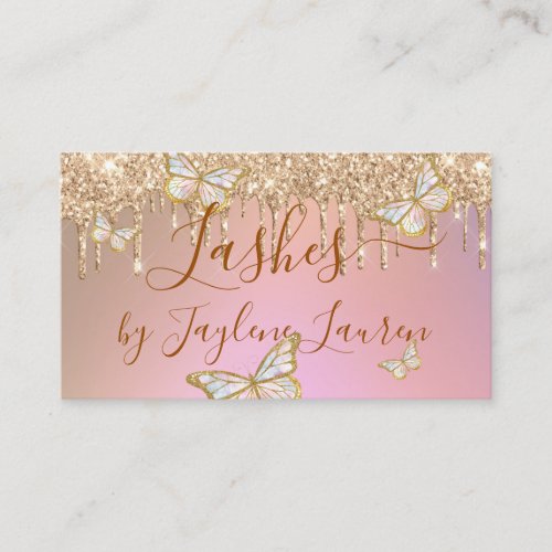Glam Butterfly Lashes Rose Gold Glitter Drips Business Card