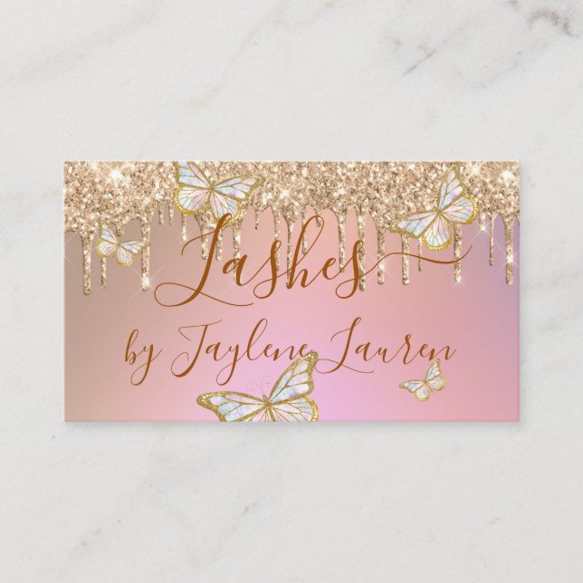 Glam Butterfly Lashes Rose Gold Glitter Drips Business Card (Front)