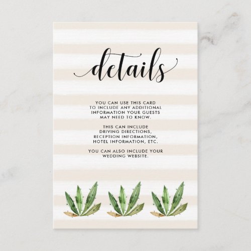 Glam Cactus  Desert Stripes Wedding Guest Details Enclosure Card