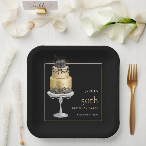 Glam Cake Florals Gold 50th Birthday Black Paper Plates