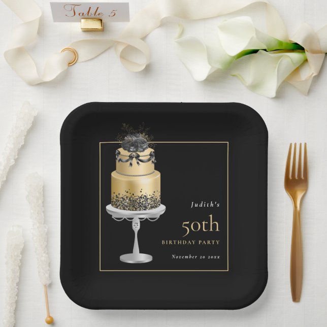 Glam Cake Florals Gold 50th Birthday Black Paper Plates (Wedding)