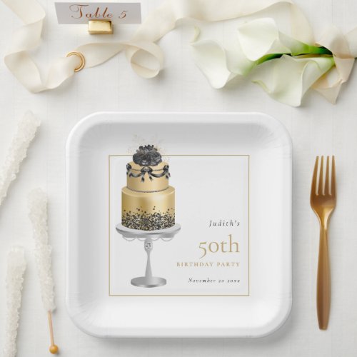Glam Cake Florals Gold 50th Birthday White Paper Plates