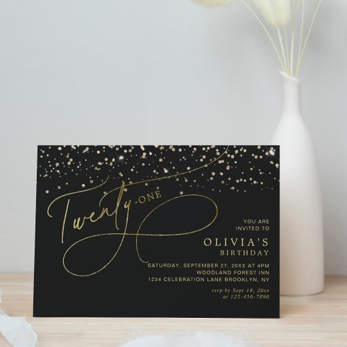Glam Calligraphy Black Gold Confetti 21st Birthday Invitation