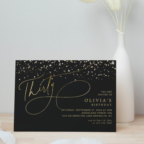 Glam Calligraphy Black Gold Confetti 30th Birthday Invitation