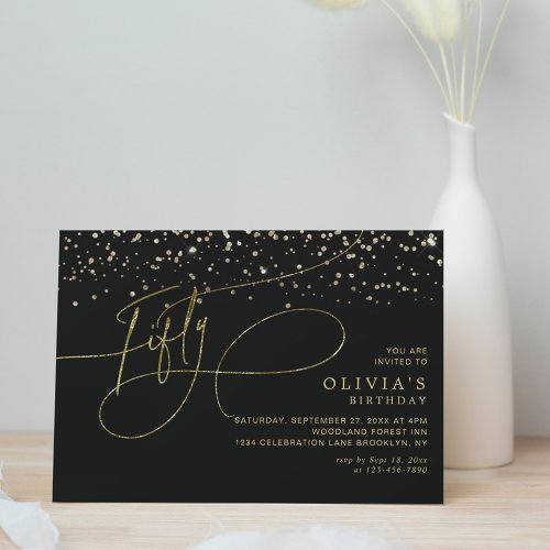 Glam Calligraphy Black Gold Confetti 50th Birthday Invitation