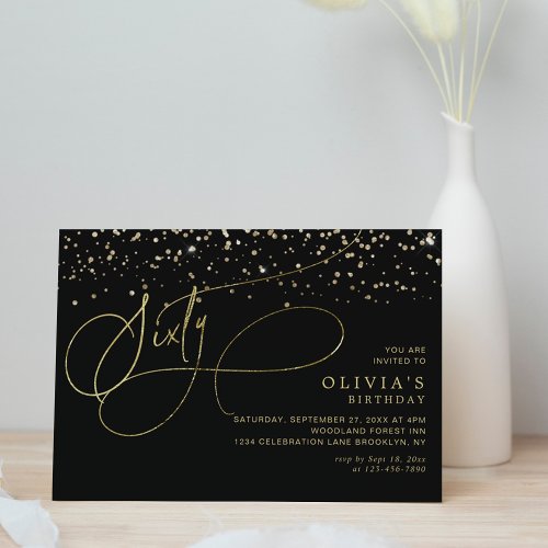 Glam Calligraphy Black Gold Confetti 60th Birthday Invitation