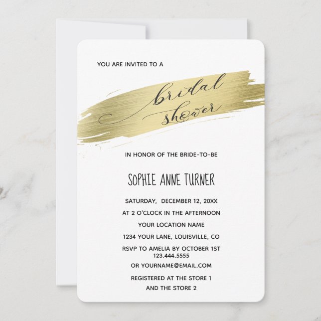 Glam Calligraphy Gold Stroke Bridal Shower Invitation (Front)