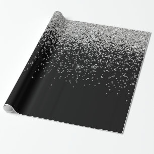 Glam Cascades of Silver Glitter Black Background Wrapping Paper