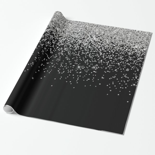 Glam Cascades of Silver Glitter Black Background Wrapping Paper (Unrolled)