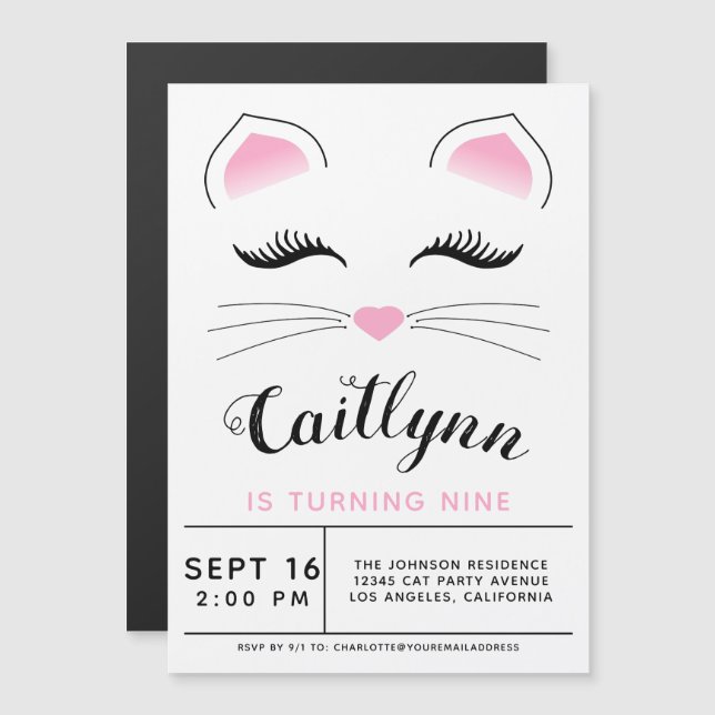 Glam Cat Birthday Party Magnetic Invitation (Front/Back)