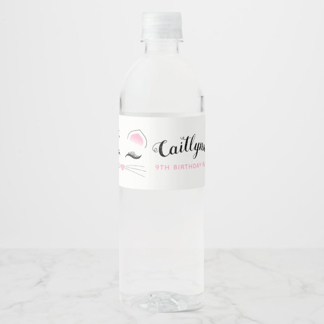 Glam Cat Birthday Party Water Bottle Label (Front)