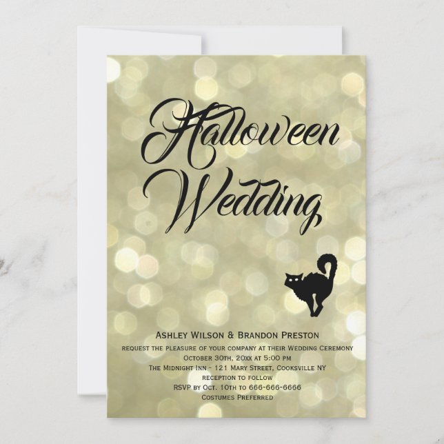 Glam Cat on Gold Halloween Wedding Invitation (Front)