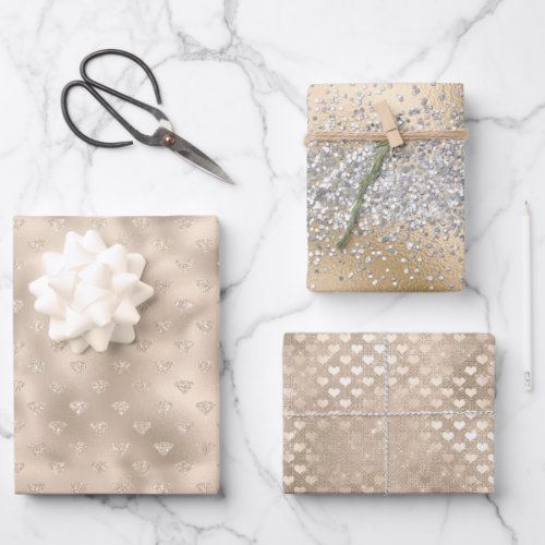 Glam Champagne Glitter Hearts and Diamonds Wrapping Paper Sheets