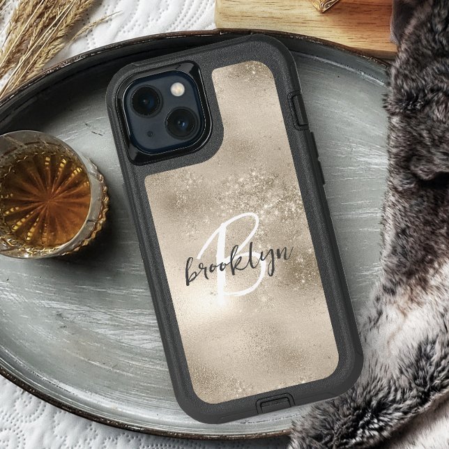 Glam Champagne Gold Trendy Script Monogram Otterbox iPhone Case (Creator Uploaded)