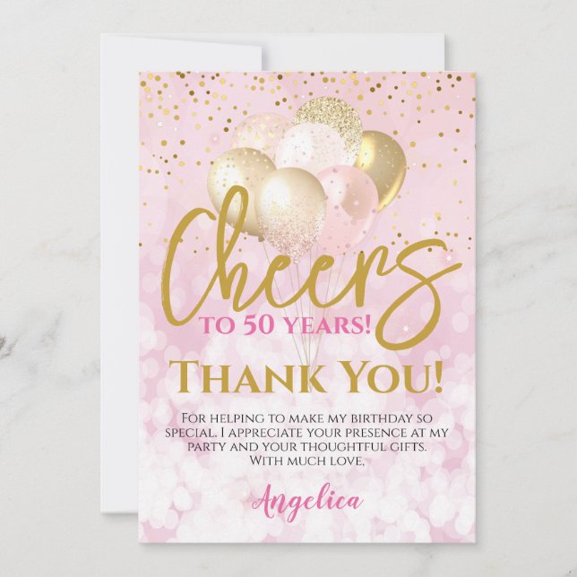 Glam Cheers To 50 Years 50th Birthday Thank You Card (Front)