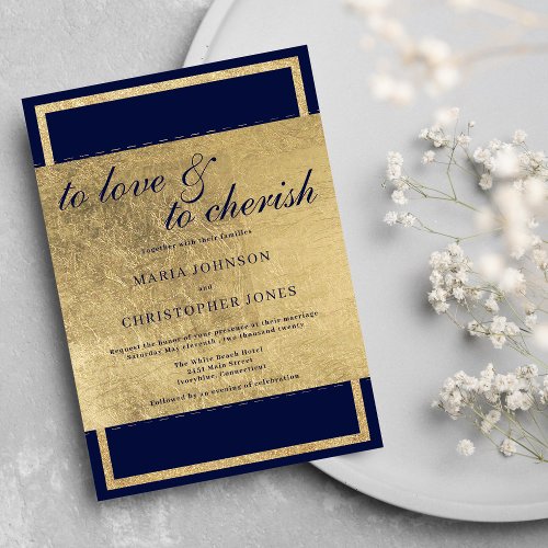 Glam chic classic gold navy blue script wedding invitation