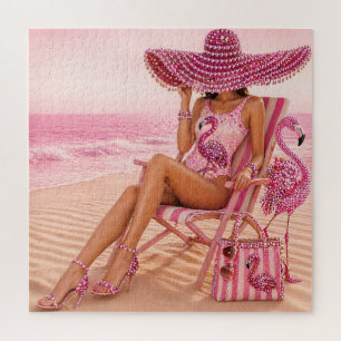 Glam Chic Classy Lady Pink Flamingo Tropical Beach Jigsaw Puzzle