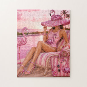 Glam Chic Classy Lady Pink Flamingo Tropical Beach Jigsaw Puzzle