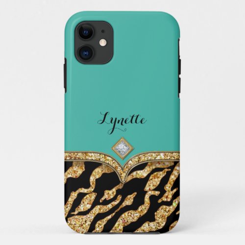 Glam Chic Glittering Zebra Print Pattern Gold Gem iPhone 11 Case