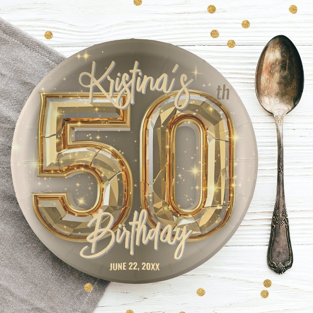 Glam Chic Gold and Diamond Accents 50th Birthday Paper Plates (Creator Uploaded)
