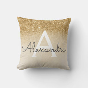 Glam Chic Gold Girl Sparkle Glitter Monogrammed Throw Pillow