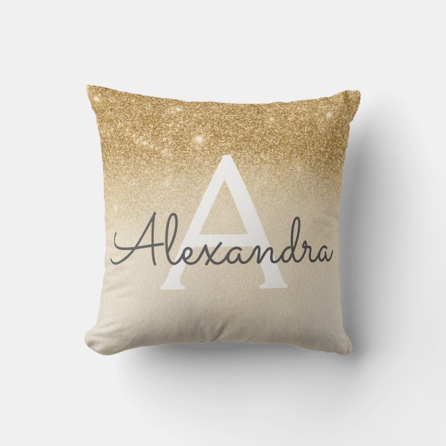 Glam Chic Gold Girl Sparkle Glitter Monogrammed Throw Pillow (Front)