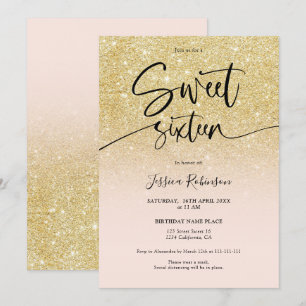 Glam chic gold glitter ombre girly pink Sweet 16 Invitation