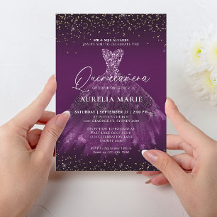 Glam Chic Gold Purple Princess Dress Quinceanera Invitation