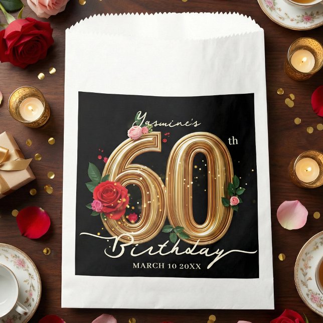 Glam Chic Gold Red Roses on Black 60th Birthday Favor Bag (Creator Uploaded)
