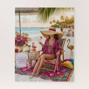 Glam Chic Lady Flamingo Themed Tropical Beach Jigsaw Puzzle