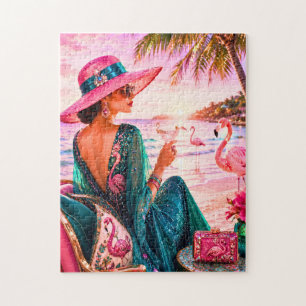 Glam Chic Lady on Flamingo Themed Tropical Beach Jigsaw Puzzle
