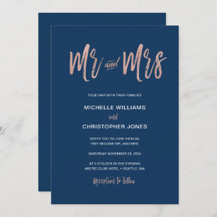 Glam Chic Navy & Rose Gold Mr & Mrs Wedding Invite