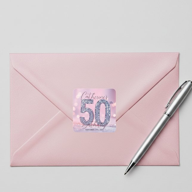 Glam Chic Pink and Silver Sequin 50th Birthday Square Sticker (Creator Uploaded)