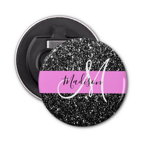 Glam Chic Pink Black Glitter Sparkle Name Monogram Bottle Opener