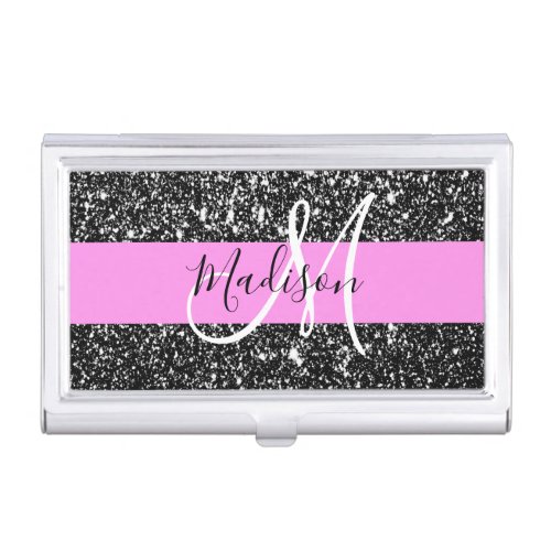 Glam Chic Pink Black Glitter Sparkle Name Monogram Business Card Case