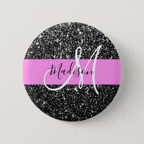 Glam Chic Pink Black Glitter Sparkle Name Monogram Button
