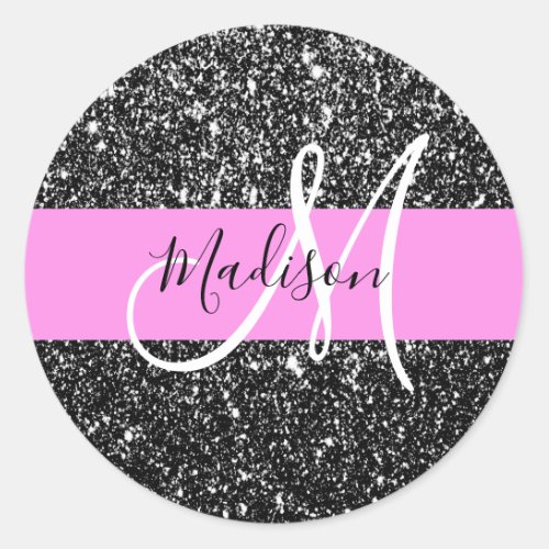 Glam Chic Pink Black Glitter Sparkle Name Monogram Classic Round Sticker