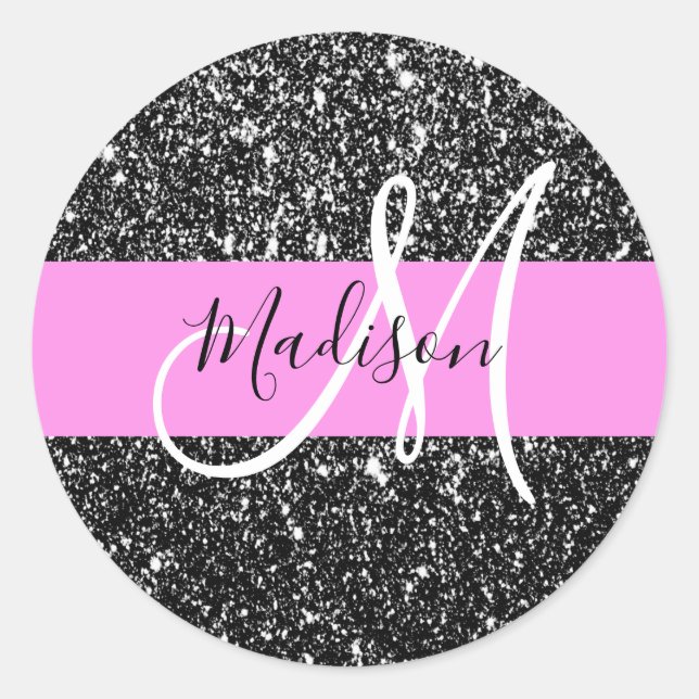 Glam Chic Pink Black Glitter Sparkle Name Monogram Classic Round Sticker (Front)