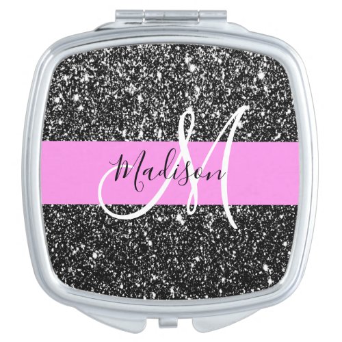 Glam Chic Pink Black Glitter Sparkle Name Monogram Compact Mirror